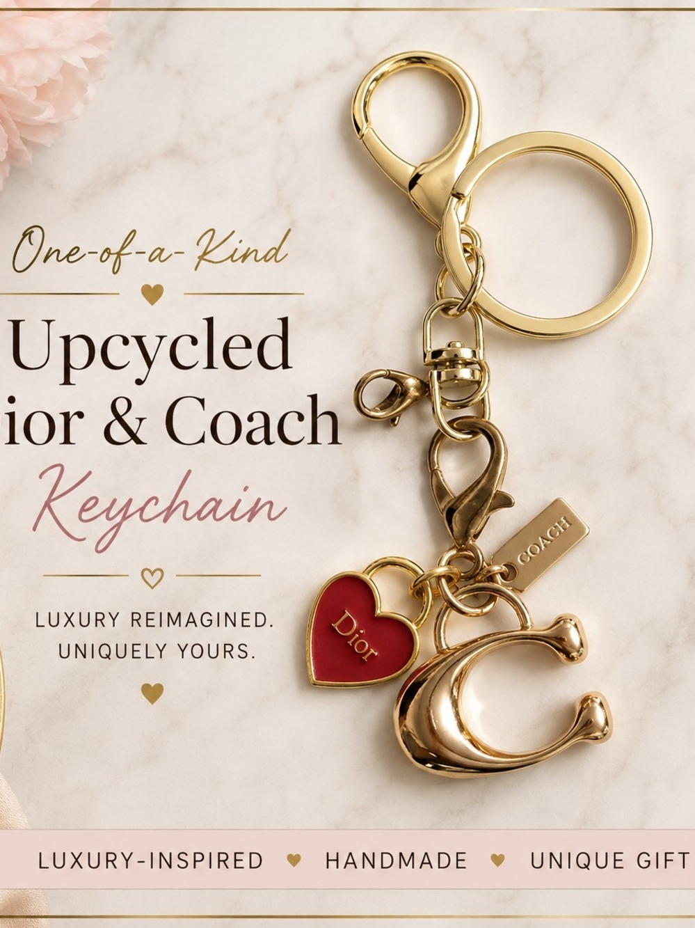 Coach x Dior Upcycled Gold Heart Keychain - Red/Gold